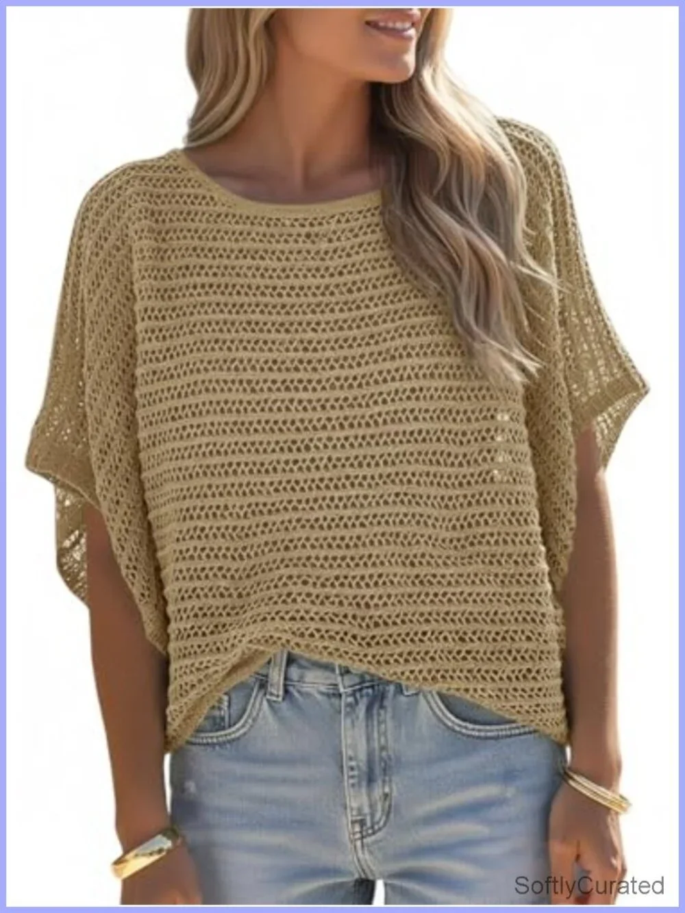 Crochet Batwing Short Sleeve Sweater Beach Cover Up Boat Neck Mesh Knit Top